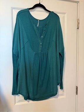 Free People Teal Button-Front Long Sleeve Tunic